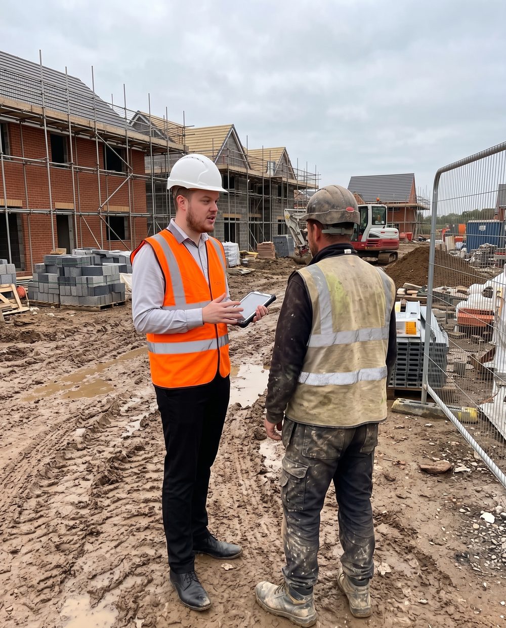 Blane Read on a housing site talking with a groundworker
